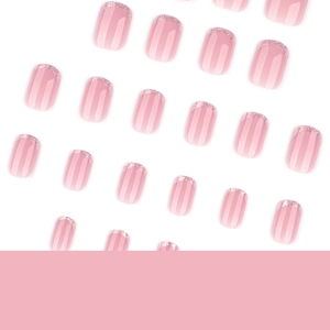 French minimalist pink glitter short square press-on nails with vertical stripe texture
