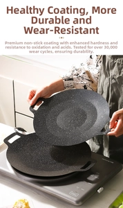 Maifan stone non-stick round grill pan with dual handles being used on an induction cooker