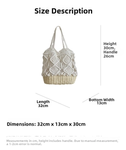 Detailed dimension chart showing 32x13x30cm size for woven straw bucket bag
