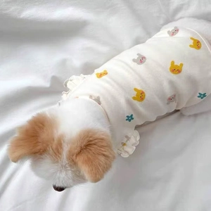 White pet vest with bunny and bear prints, featuring frill sleeves for small dogs and cats