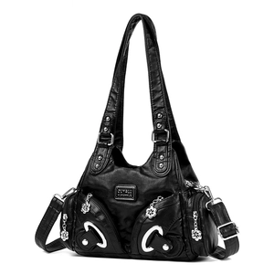 Fashionable black multi-pocket tote bag with silver hardware and soft leather texture