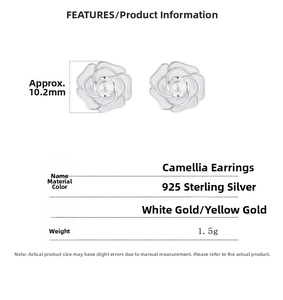 Detailed size specifications for 925 sterling silver camellia flower earrings with pearl