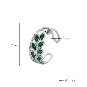 Detail view of silver leaf ring showing 2cm height and 1cm width specifications