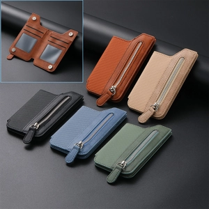 Detailed interior of slim leather phone card holder with zipper pocket and card slots
