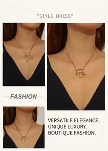 Detailed view of layered gold necklaces featuring sea horse, celestial, and evil eye charms