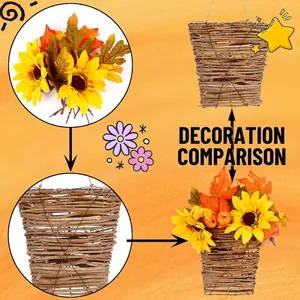 Pastel sunflowers and pumpkins in a rustic brown wicker hanging wall basket set