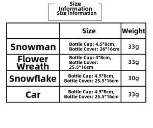 Size information chart for knitted Christmas wine bottle covers with dimensions and weight