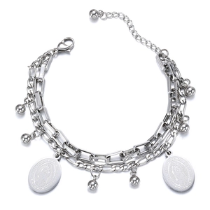 Double-layer stainless steel Virgin Mary pendant bracelet with gold-plated beads