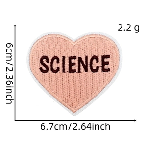 Detailed pink heart science patch with dimensions and embroidery texture shown