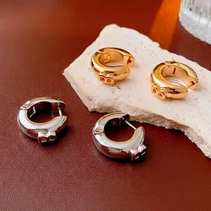 Minimalist B-letter round metal hoop earrings in polished gold and silver finishes