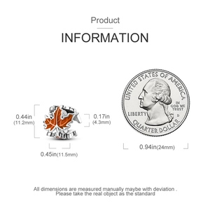 Detailed size map of silver maple leaf charm with orange enamel and coin for scale