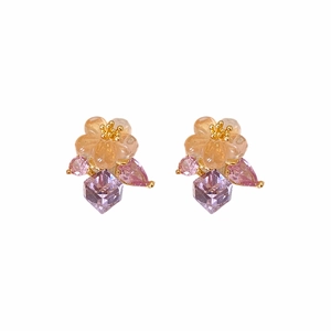 Floral zircon earrings featuring orange blossoms and purple cube drops on silver studs