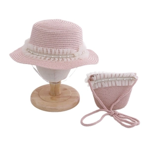 Pink straw hat and pearl bag set with white lace frill and pearls for kids