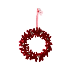 Red flocked Christmas wreath ornament with rhinestones and ribbon for holiday tree decor