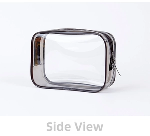 Macro side view of transparent PVC toiletry bag with brown leather trim and metal zipper