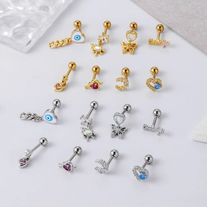 Set of stainless steel cartilage studs with moon heart and butterfly zircon pendants