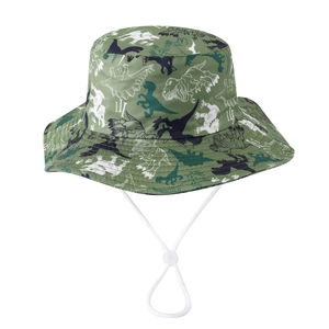 Cappello a secchiello per bambini con stampa dinosauro verde militare e cinturino regolabile