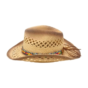 Beige hollow straw cowboy hat with gradient edges and rainbow beaded band for beach wear