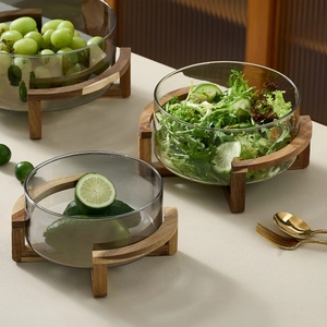 Glass Fruit Bowl With Acacia Wooden Stand Nordic Minimalist Salad Basin Clear Amber Smoky Gray For Kitchen Dining Decor