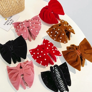 Vintage French Style Large Hair Claw Clip Velvet Bow With Faux Artificial Pearls Elegant Solid Color Hair Accessory For Women