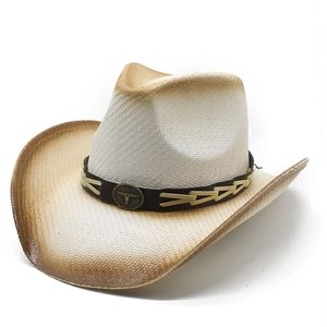 Classic woven straw cowboy hat with vintage brown gradient edge and metal bull emblem