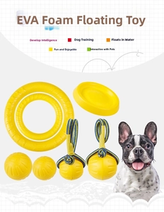 Close-up of lightweight yellow floating EVA dog toy set including rings, balls and frisbee
