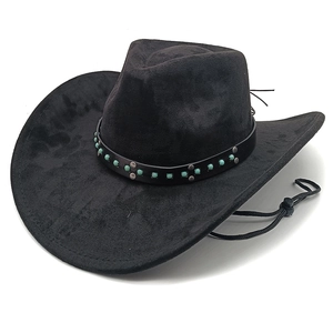Schwarzer Western-Wildleder-Cowboyhut mit türkisen Perlen, Metallnieten und verstellbarem Band