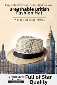 Detail of a British style straw fedora featuring a black ribbon and fine plaid texture