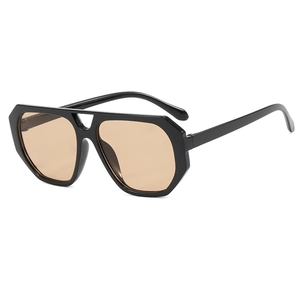 Irregular polygonal double bridge sunglasses with black frames and brown lenses