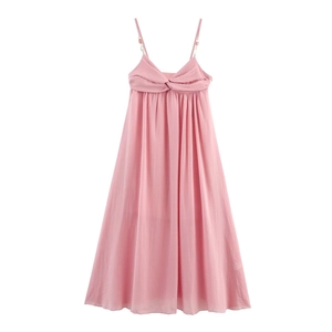 Women Pink Polyester Linen Spaghetti Strap Midi Dress Sexy Knot Front Ruched High Waist Streetwear Summer A-Line Dress