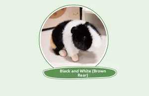 Close-up of fluffy black and white guinea pig plush toy with brown detail on back