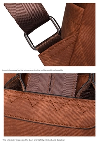 Detail of caramel PU leather backpack featuring reinforced stitching and gunmetal hardware