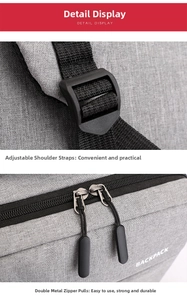 Detail of durable dual-way metal zippers and adjustable strap buckle on grey business backpack
