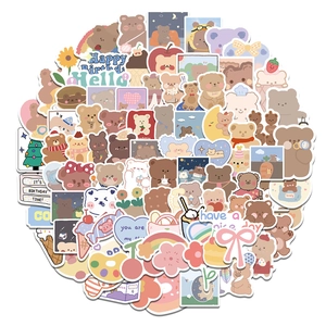Close-up of cute Korean style bear stickers with pastel colors for laptop decoration