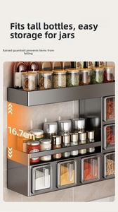Detail view of wall-mounted kitchen organizer showing 16.7cm height and transparent drawers