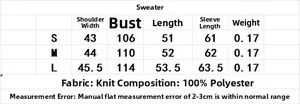 Detailed size chart for vintage loose knit sweater with measurements for S M and L sizes