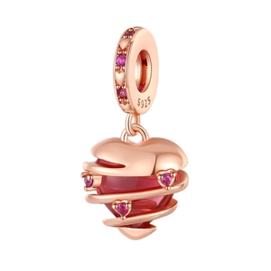 Rose gold heart charm with red crystal and purple stones in S925 sterling silver