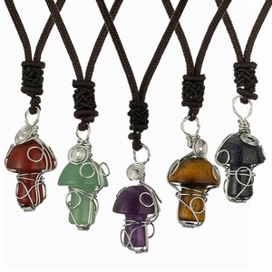 Handmade Wire Wrapped Mushroom Pendant Necklace Natural Gemstone Crystal Stone Woven Rope Jewelry For Women Men