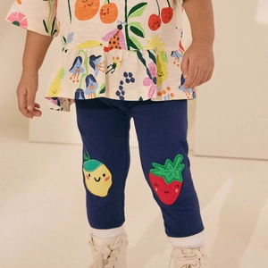 Girls Cotton Leggings Navy Blue Stretchy Pants With Strawberry Lemon Fruit Applique On Knees For Toddler Kids