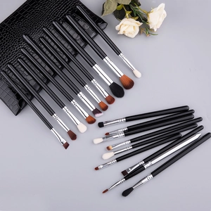 Detailed view of 20pcs makeup brush set with black handles and synthetic soft bristles