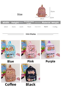 Size chart and specifications for children's lightweight nylon backpacks in five colors