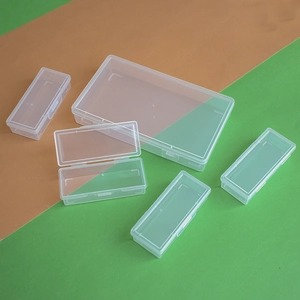 Set of 6 transparent plastic storage boxes in various sizes with hinged lids
