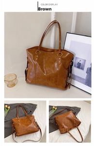 Detailed views of brown faux leather tote bag with gold hardware and side drawstring accents