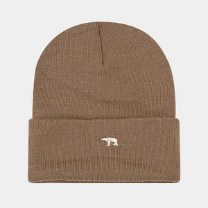 Detail of white bear embroidery on thick dark brown knitted winter beanie hat