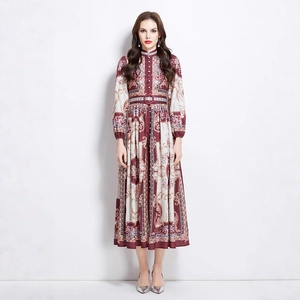 Vintage floral maxi dress with mandarin collar and lantern sleeves in deep red and cream