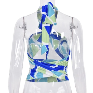 Detail of cross-back halter tie on geometric print sleeveless top for women