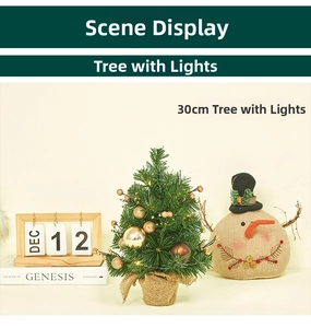 Scene of 30cm mini pre-lit Christmas tree with gold ornaments and burlap base