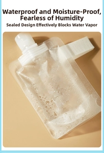 Waterproof refillable travel pouch with white screw cap and water droplets on surface