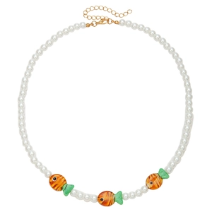 Colorful beaded necklace with cute orange fish charms and white faux pearls for women
