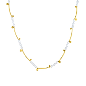 French vintage style gold plated stainless steel necklace with oval pearls and tube beads
